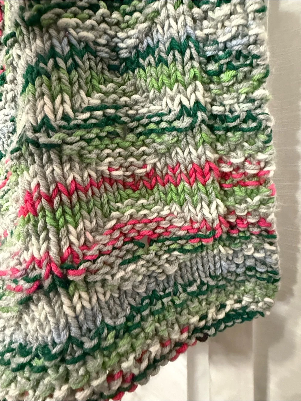 Multi-color striped handmade Crochet vintage blanket green pink blue cream hues